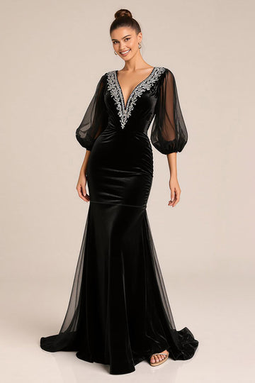 Black Mermaid V-Neck Long Sleeves Black Tie Dress with Lace